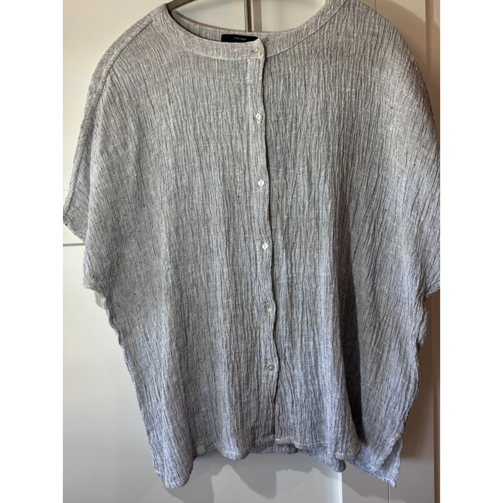 Tahari Womens Grey 100% Linen Button‎ Down Textured Blouse Top XS